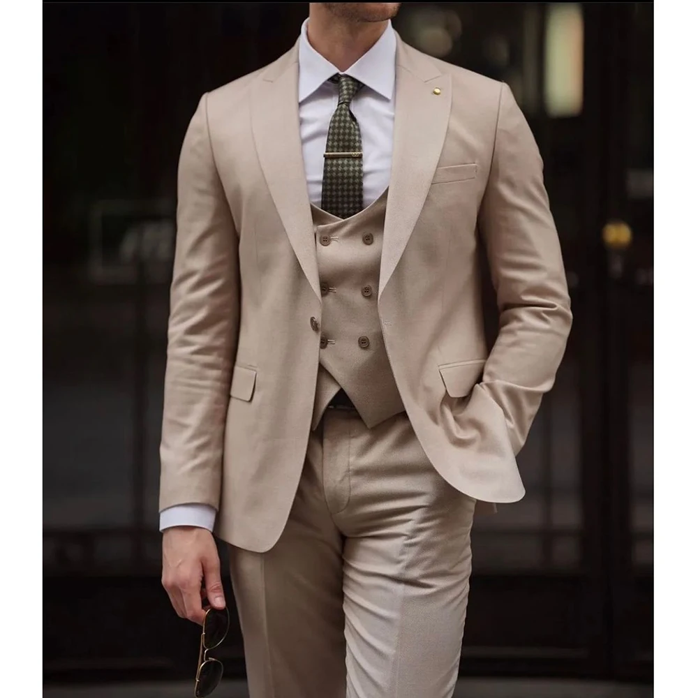 Fashion Men Suits Solid Color 3 Piece Jacket Pants Vest Luxury Single Breasted Peak Lapel High Quality Wedding Male Clothing