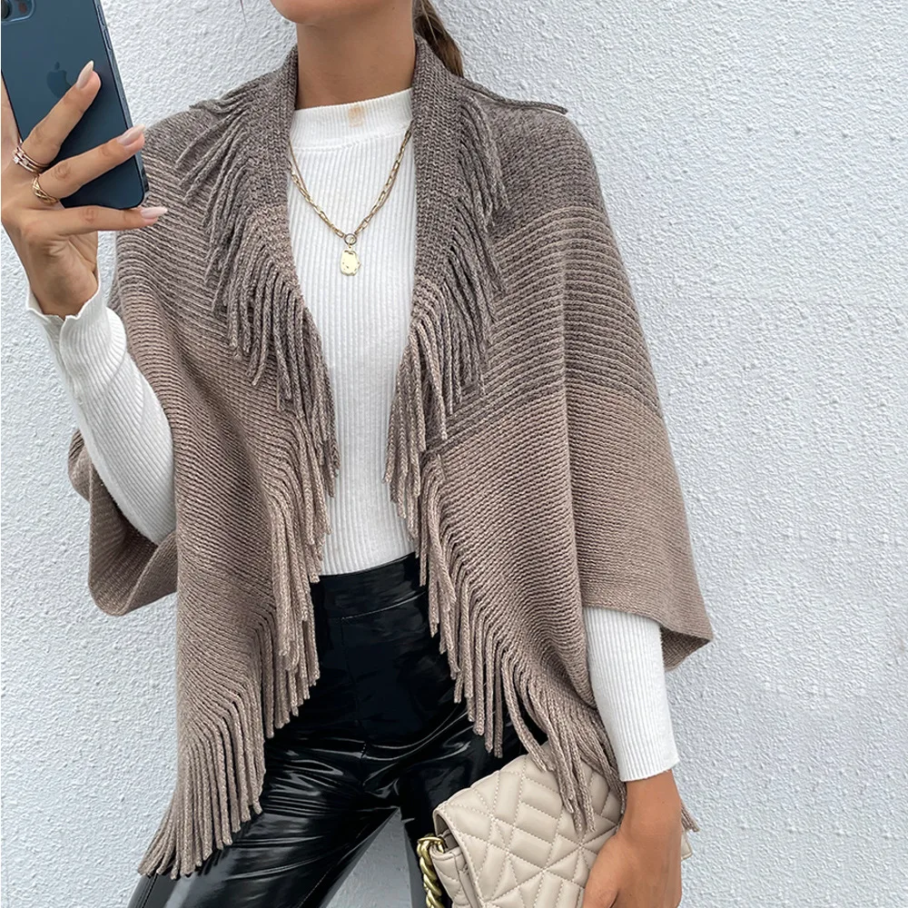 Poncho Women  Autumn Stripe Knitted Sweater Tassel Fashion Cardigan Elegant Leisure Female Shawl Cape