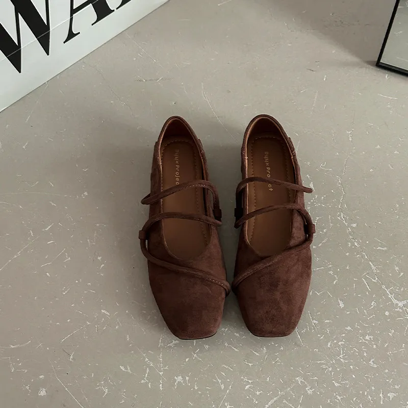 Women Double Strap Mary Janes Shoes Square Toe Suede Slip On Shoes Vintage Soft Sole Daily Internal Elevation Shoes