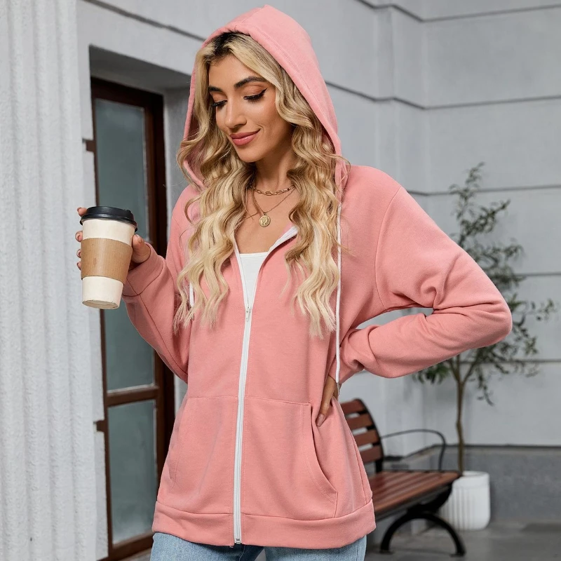 Women Casual Hoodie Fashion Solid Color Drawstring Sweatshirt Simple Classic Zipper Long Sleeve Autumn Jacket Student Sport Coat