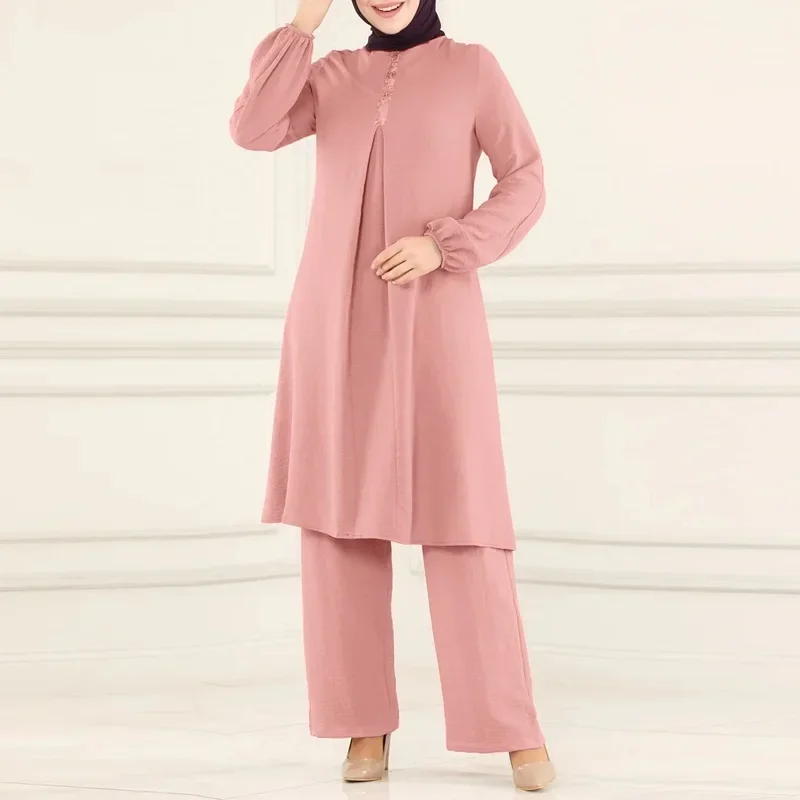 Fashion Solid Muslim Set Elegant Long-sleeved Shirt and Loose Wide-leg Pant Two Pieces Set Soft Muslim Dress Slim Dubai Abayas