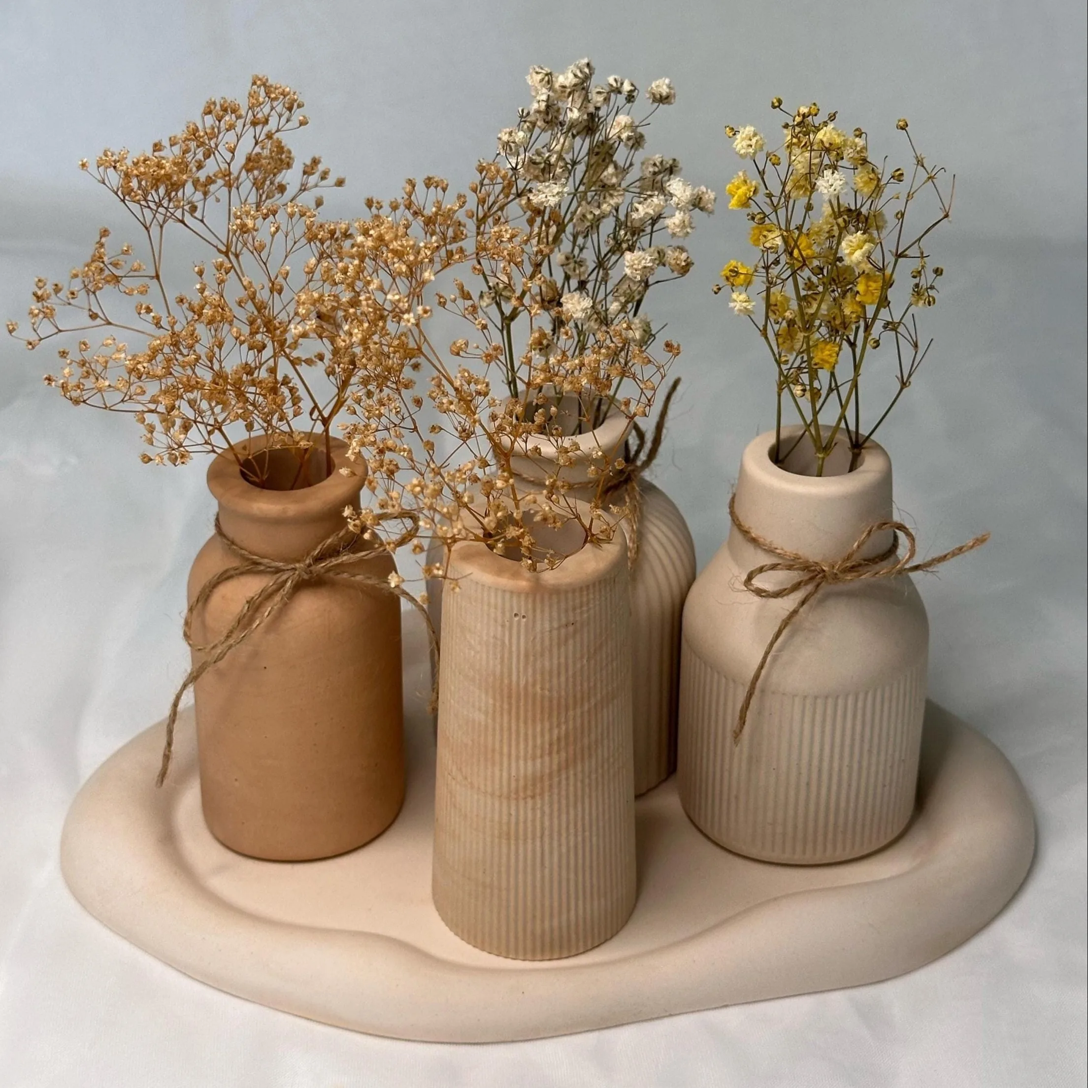5pcs Striped Vase & Oval Tray Set with Resin/Plaster Flower Arrangers - Handmade Craft Kit for DIY Floral Displays, Desktop Cent
