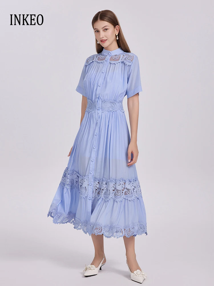 Fashion Hollow Out Lace Shirt Jurk Vrouwen 2025 Zomer Luxe Korte Mouw Vouw Midi Jurken Lady Vestidos Strand Inkeo 5D202