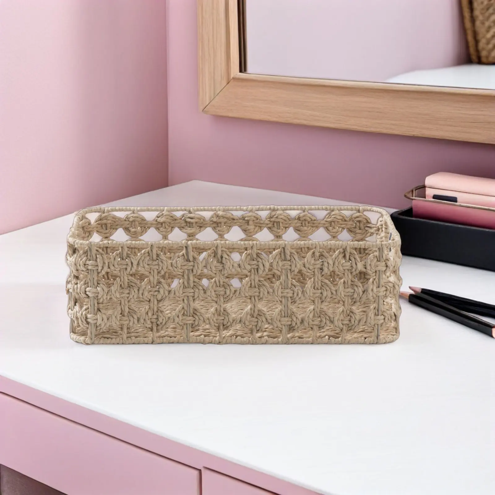 

Компактный плетеный короб для хранения из бумажной веревки для рабочего стола или полки, современный органайзер-корзина для закусок, косметики и необходимых вещей, легко чистится