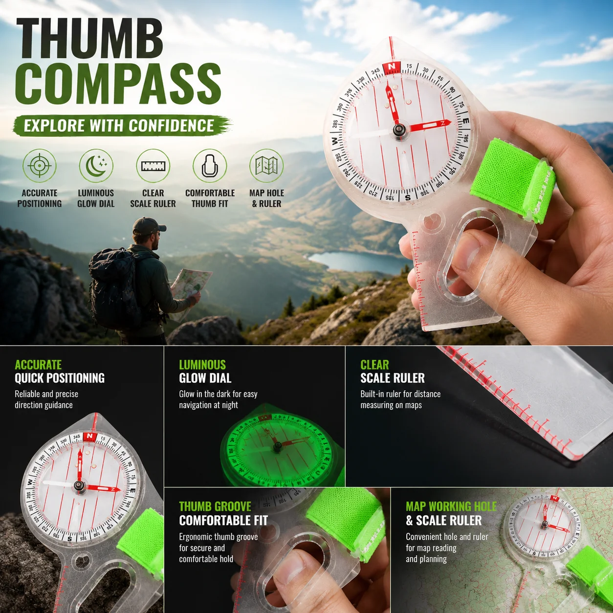 High Precision Thumb Hold Compass Glow In Dark Dial Map Scale Measuring Hole Comfort Thumb Groove Adjustable Elastic Strap