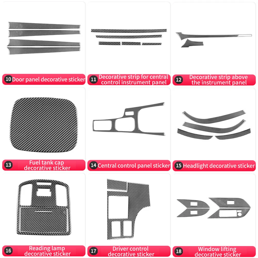 Rugged Carbon Fiber Interior Trim for Toyota Hilux 2015-2021 AN120, Gear Console Dash Door Decal, 18Pcs Full Set