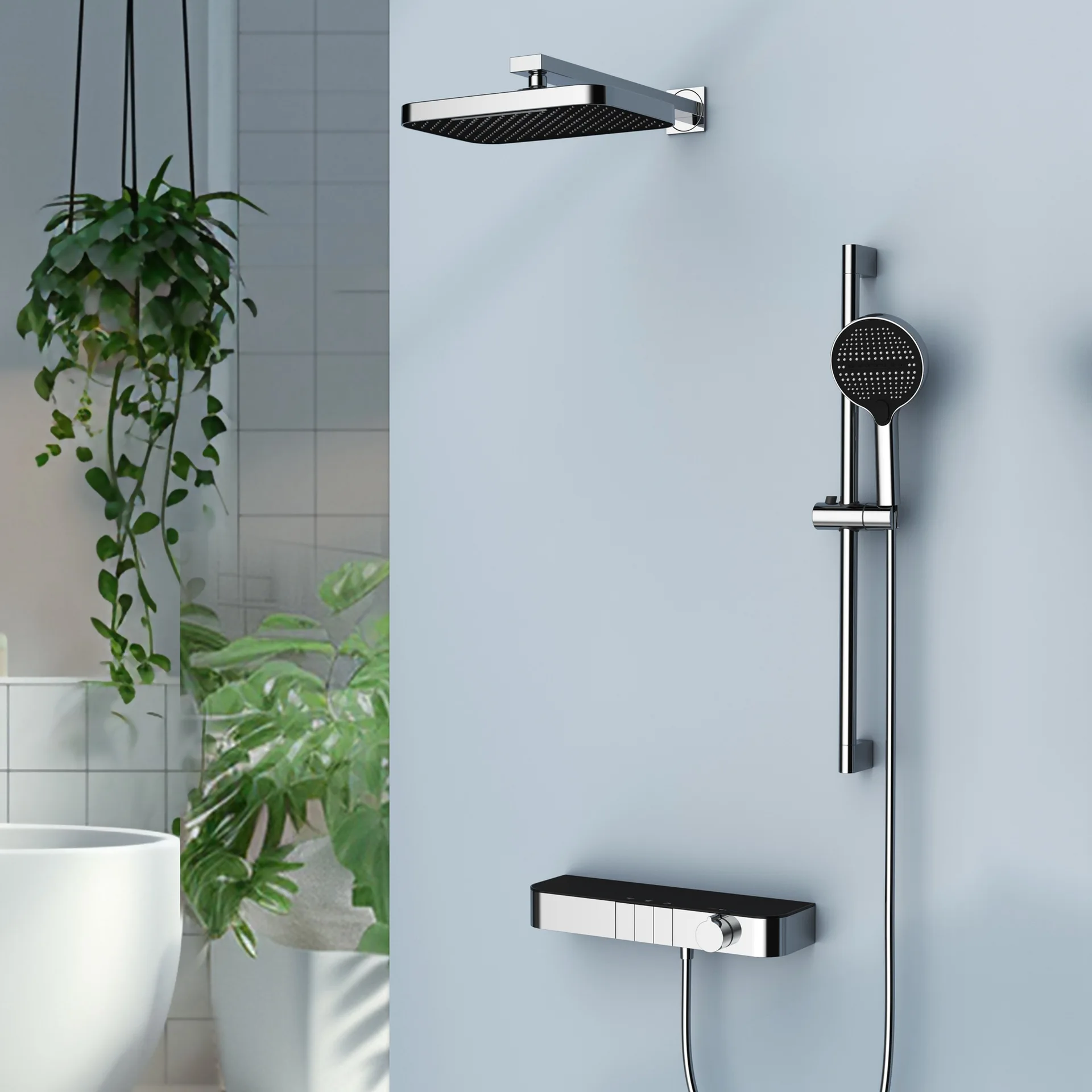 Modern simple silver showerhead set with rectangular top spray, rotary switch hot and cold mixing valve showerhead set GN104HB