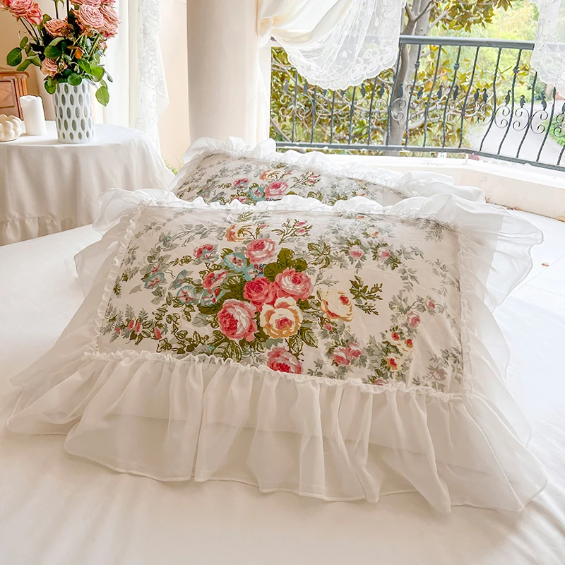 

Retro Rose Pillowcase 2Pcs Korean Cotton Princess Style Pillowcase 48*74cm Lace Elegant Floral Printed Household Bedding