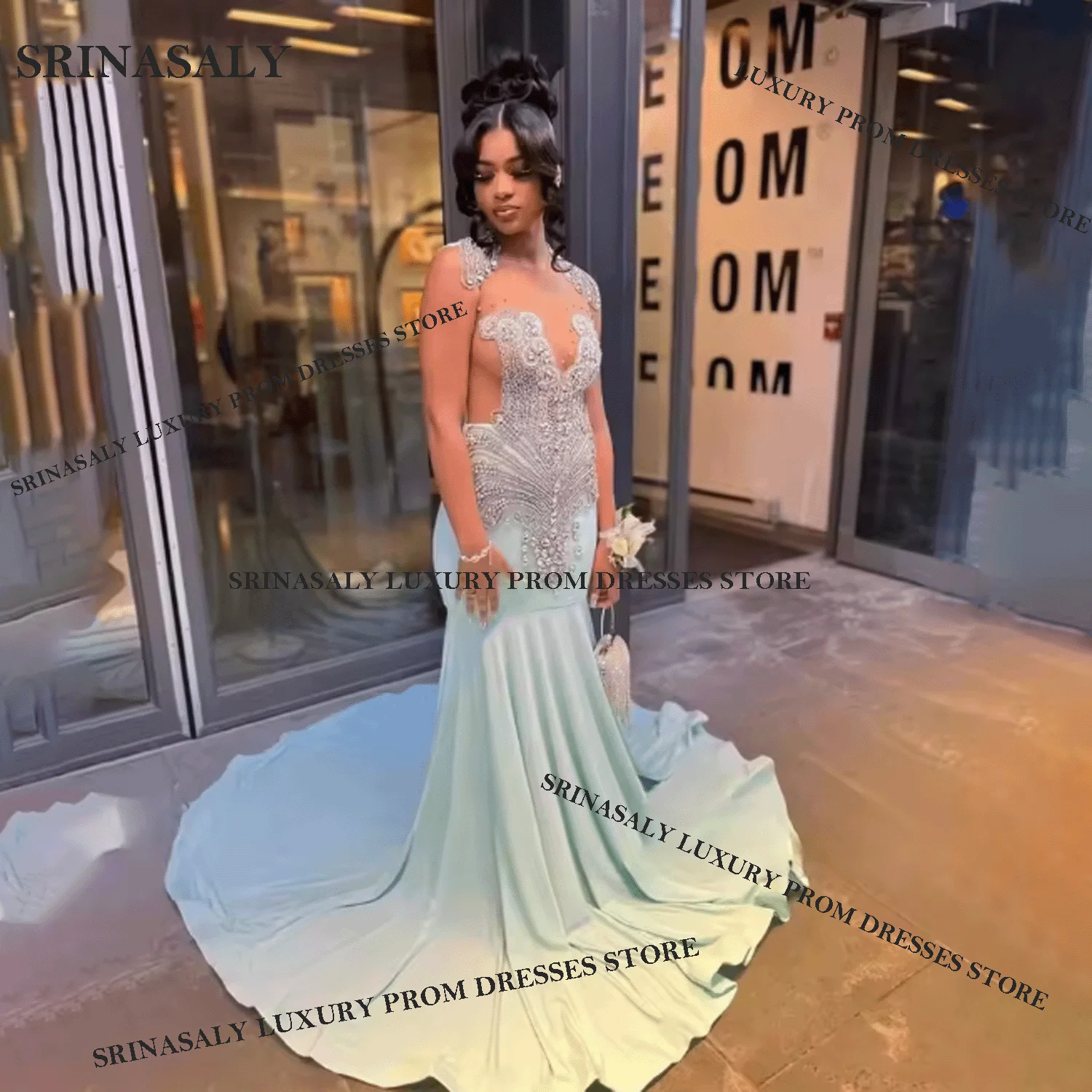 Vestidos de fiesta de sirena largos de encaje personalizados para rebordear cristal exquisito lujo diamante rebordear 2025 vestido de noche con espalda abierta