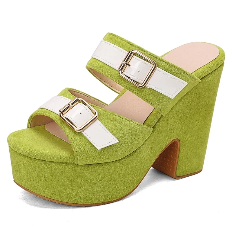 

Thick High Heels Women's Slippers Platform Summer Mules Shoes Ladies Sandals Sexy Green Pink Heeled Party Shoes Large Size 43