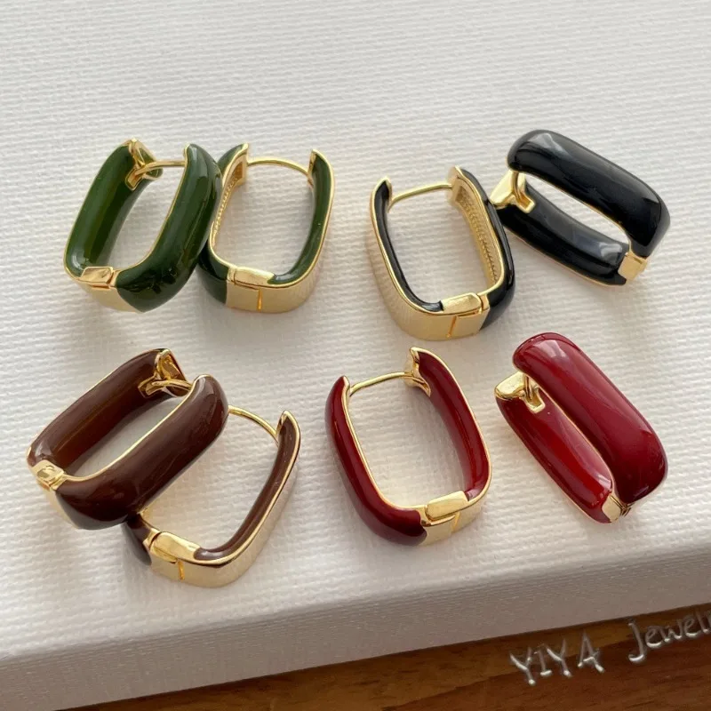 Simple Two Tone Metal Enamel Rectangle Square Hoop Earrings For Women 14K Real Gold Plated Copper Party Jewelry