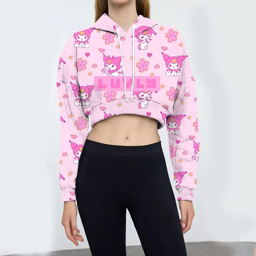 Fashion men's and women's hoodie personality Hello Kitty black print cut ultra short style long sleeve top autumn new female sex