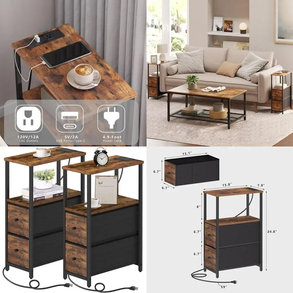 

Set of 2 Compact End Tables with Charging Ports, 2-Drawer Nightstands, Suitable for Living Room and Bedroom, Brown