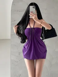 Spicy Girl Style Sexy Strapless Lace Up Hanging Neck Pleated Dress Short Mini Dress Elegant Purple Fashion Sexy Women Tops Y6IZ