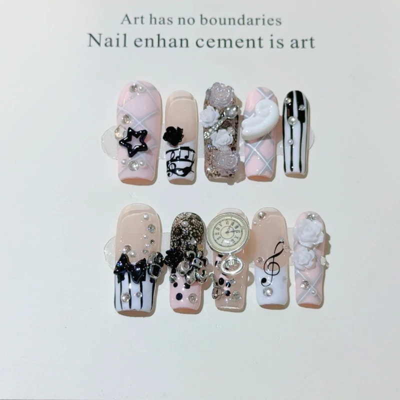 

10PCS Handmade Y2K Millennium Nails 3D Star Bow Music Note Press on Nails Sweet Spicy Hot Girl Niche Style Removable False Nails