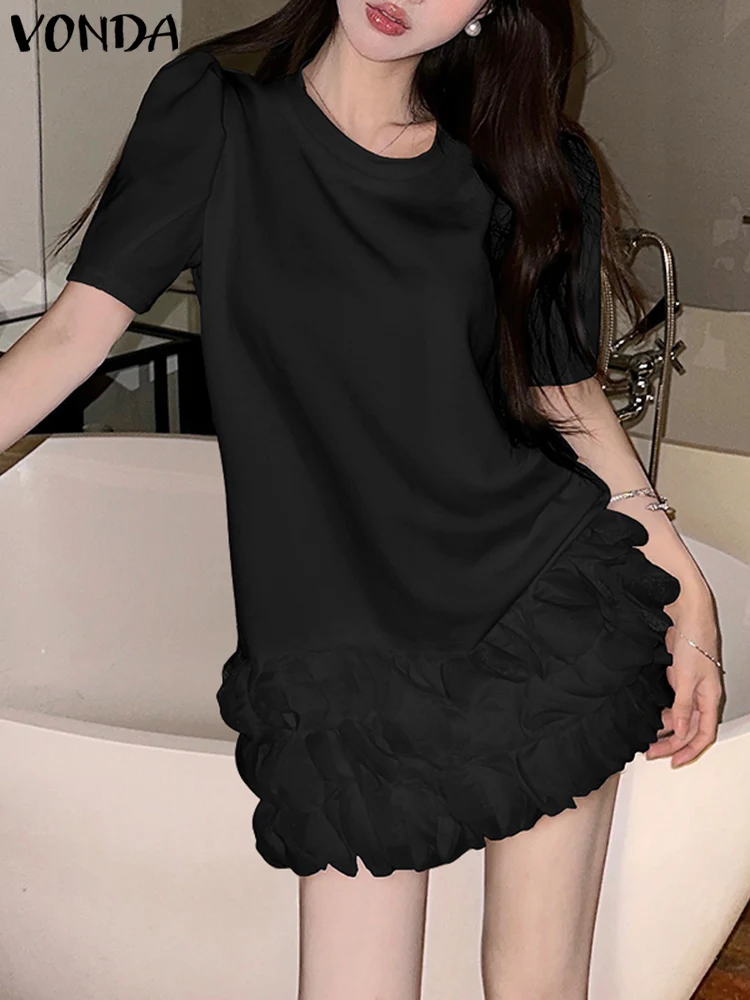VONDA-Mini Robe d'Été Décontractée à Volants et Col Rond, Tenue Éducative à Manches Courtes, Vêtement de Vacances, Style Bohème, Sexy, Couleur Unie, pour Document