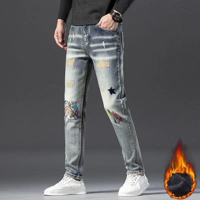

Мужские джинсы прямого кроя с вышивкой и флисовой подкладкой, модные, в стиле ретро, американского бренда, повседневные, из смесового хлопка