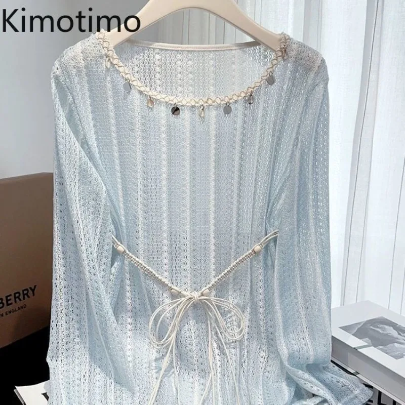 

Kimotimo Boho Hollow Out Long Sleeve Knitted Top Women Korean Chic Lazy Lace Up Waist Loose Pullover Fashion Casual Thin Sweater