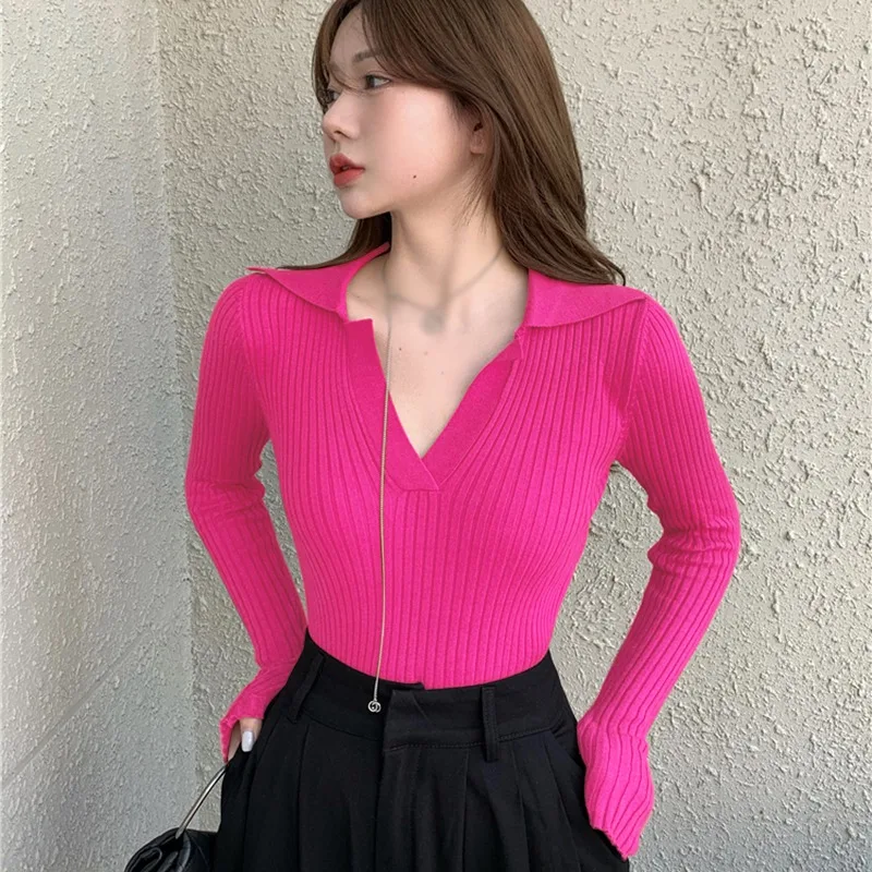 Women\'s Solid Color Lapel Tight Casual Knitted Long-Sleeved T Shirt Tops