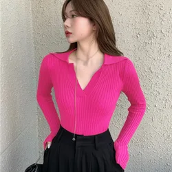 Women's Solid Color Lapel Tight Casual Knitted Long-Sleeved T Shirt Tops