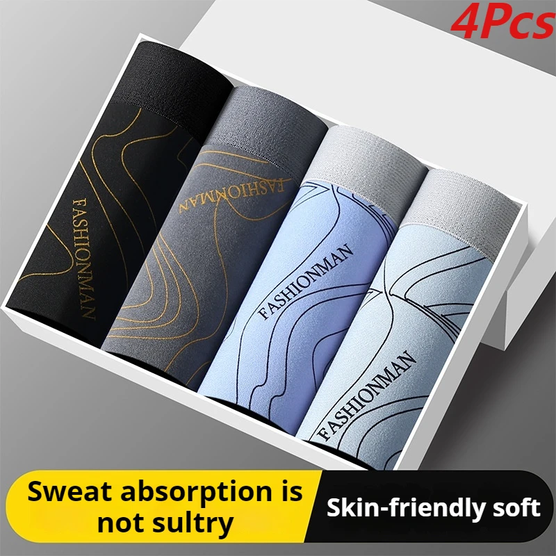 4Pcs Men\'s Sexy Underwear Boxer Shorts Milk Silk Soft Comfortable Fabric Fashion Print Breathable Antibacterial Men\'s Shorts