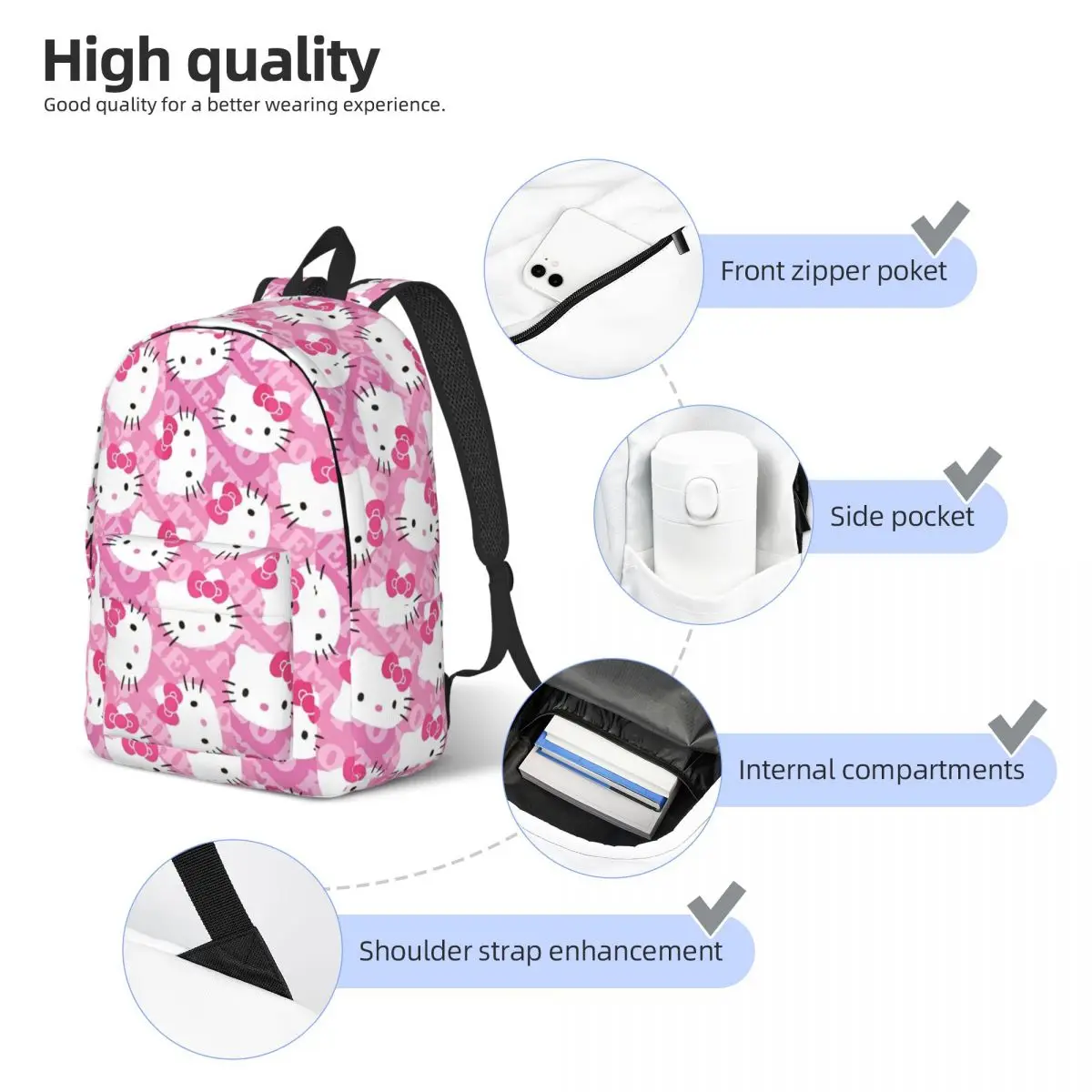 Hello Kitty Head Printing Backpack for Men Women Teenage High School Work Daypack College Canvas Bags Outdoor