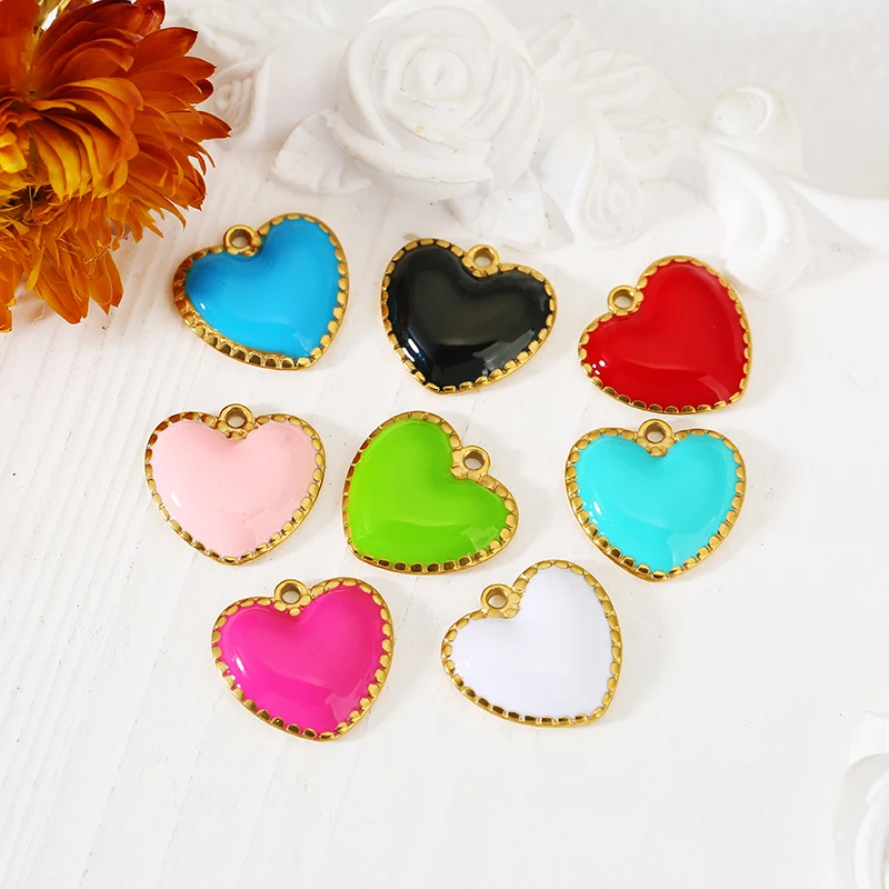 5pcs Stainless Steel Enamel Heart Charms PVD Gold Plated Wavy Border Pendants for DIY Necklace Earrings Jewelry Craft Supplies