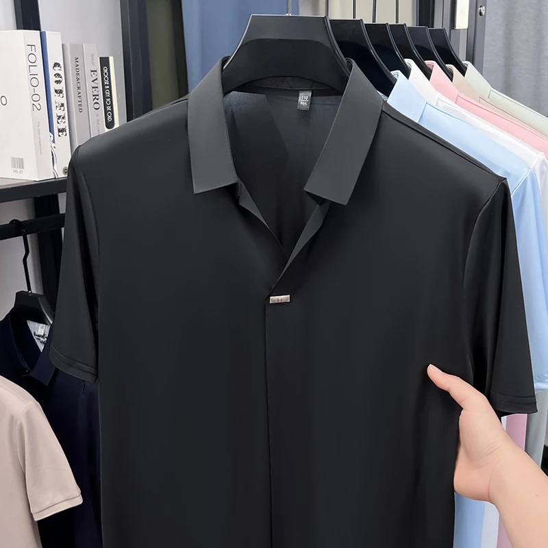 Herren Eisseide Hemd mit verdecktem Knopf, Reverskragen, Kurzarm, Slim Fit, weich, knitterfrei, atmungsaktiv, Sommer-Oberteil – Detail 14
