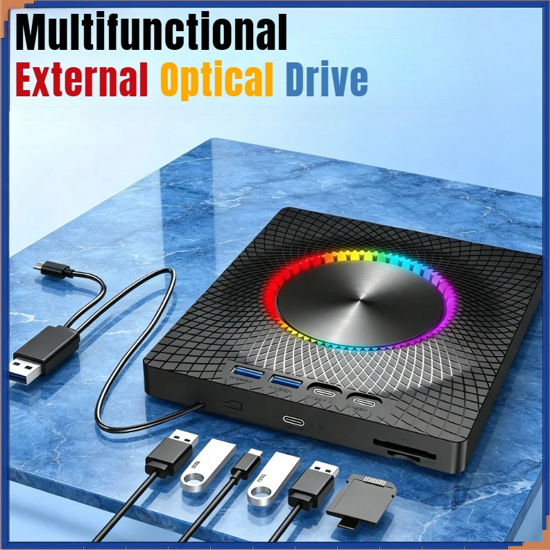 

7-in-1 CD DVD Player Recorder Writer Type-C&USB3.0 External DVD Burner Portable Optical Drive Reader For Laptop Desktop Notebook