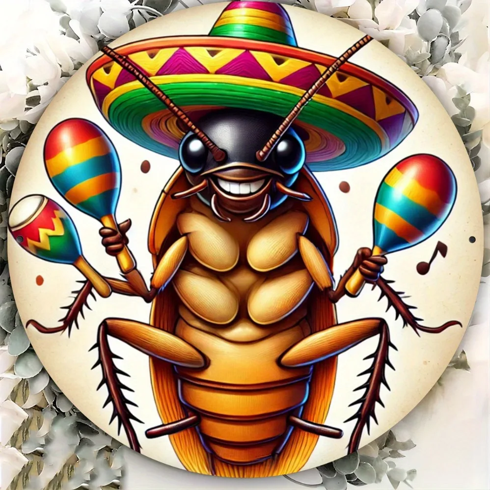 

Vintage Mexican Sombrero-Themed Cockroach Metal Tin Sign Wall Decor, Restaurant Decoration-Whimsical Entomology Collectible