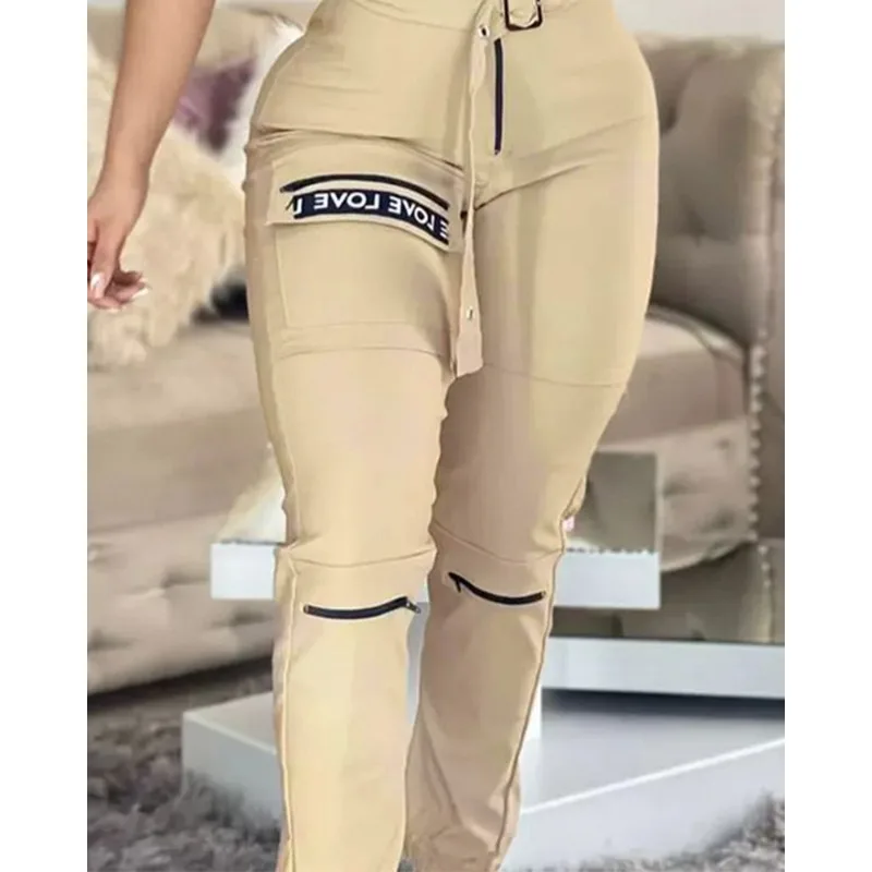 2024 Spring Summer New Women\'s Solid Color Zipper Pocket Suspender Pants with Belt Fashion Casual Overall