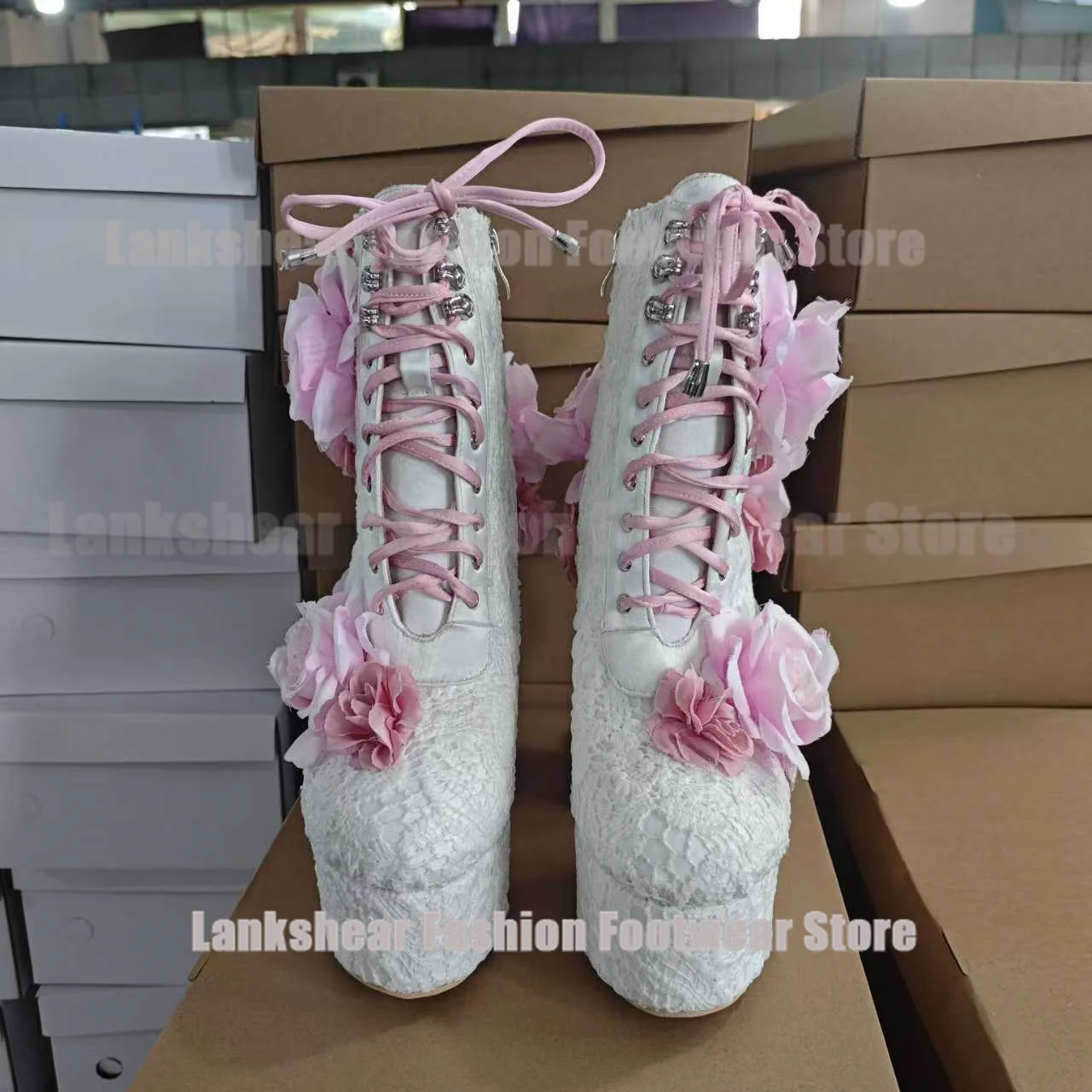 Rose Decor High-Top Boots Side Zipper Women's High-Heeled Platform Lace-Up Heels Luxury Booties Zapatos Mujer 2024 Tendencia