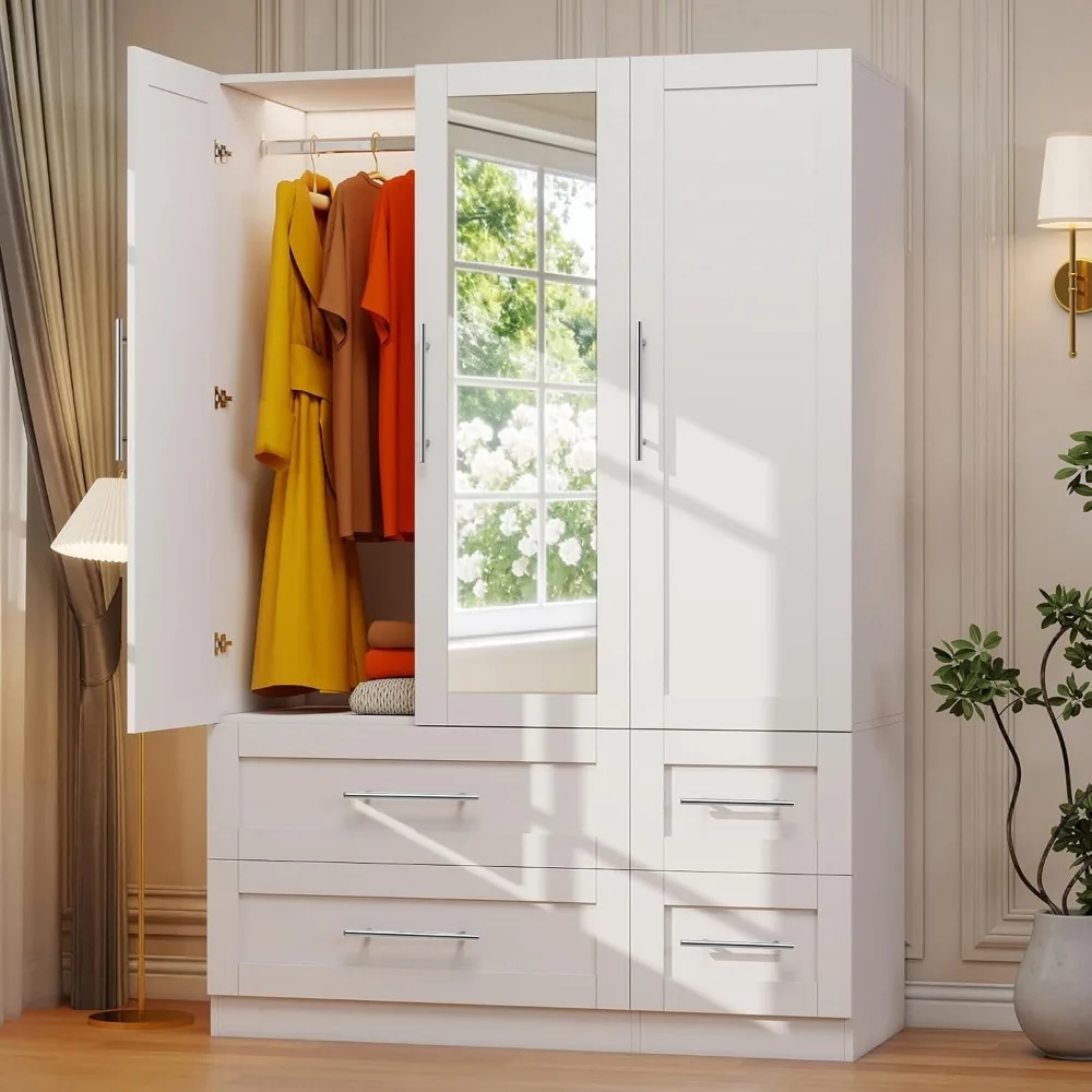 

Tall White Wooden Wardrobe with Drawers Mirror Doors Hanging Rod and Shelves