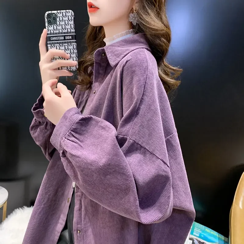 Corduroy Purple Top Button Up Women Shirts Long Sleeve Turn Down Collar Oversized Loose Outerwear 2022 New Warm Blouse WERR