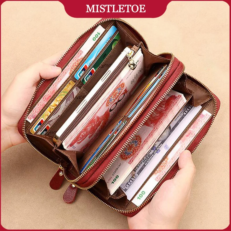 

RFID Protection Multi Functional Women Double Zipper Wallet Travel Business Long Cow Leather Purse Clutch Bag for Woman Gifts