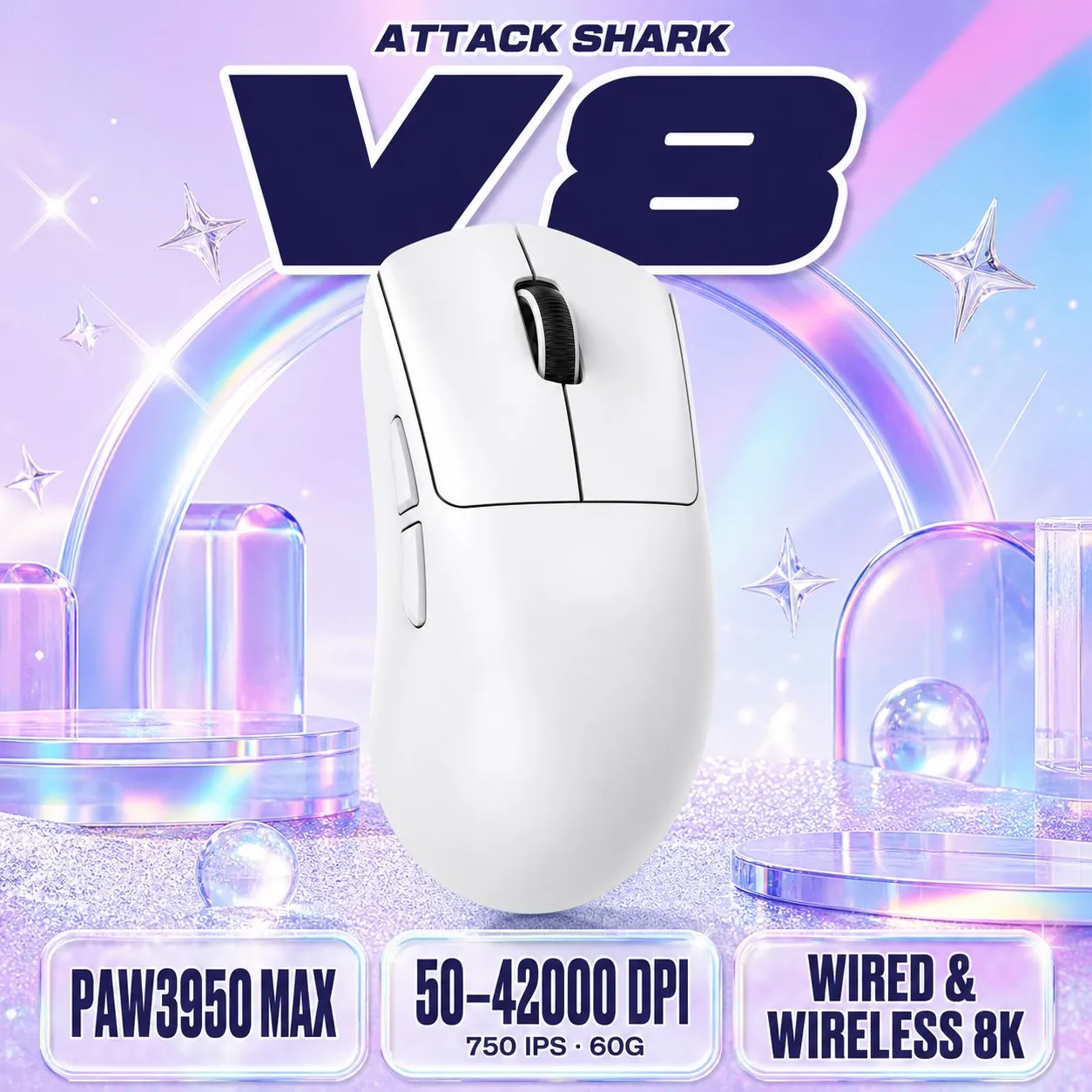 ATTACK SHARK V8 Tri-Mode Gaming Mouse PAW3950Max Optical Sensor Nordic 54L15 MCU 50-42000 Adjustable DPI Wired & Wireless 8KHz