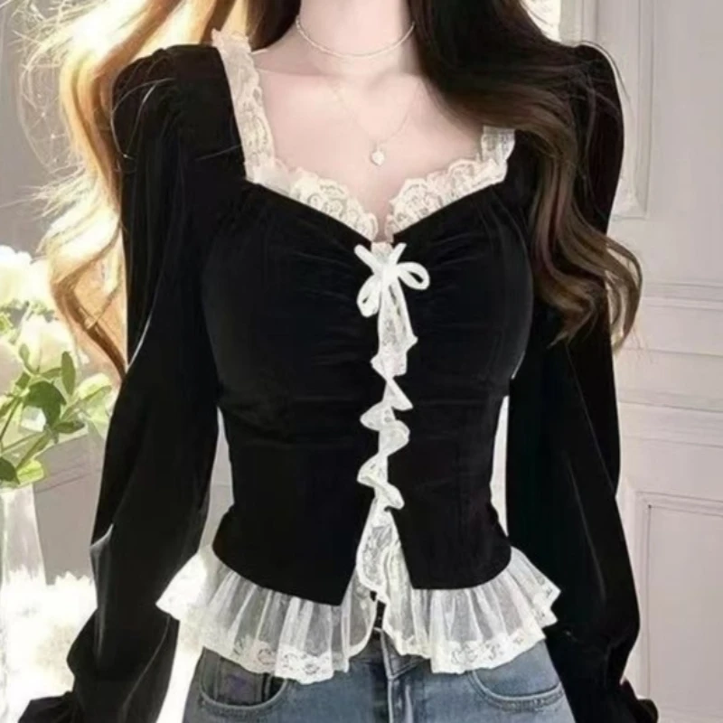 Autumn and Winter Black Velvet Shirt Fashion New Long Sleeve Chic Top