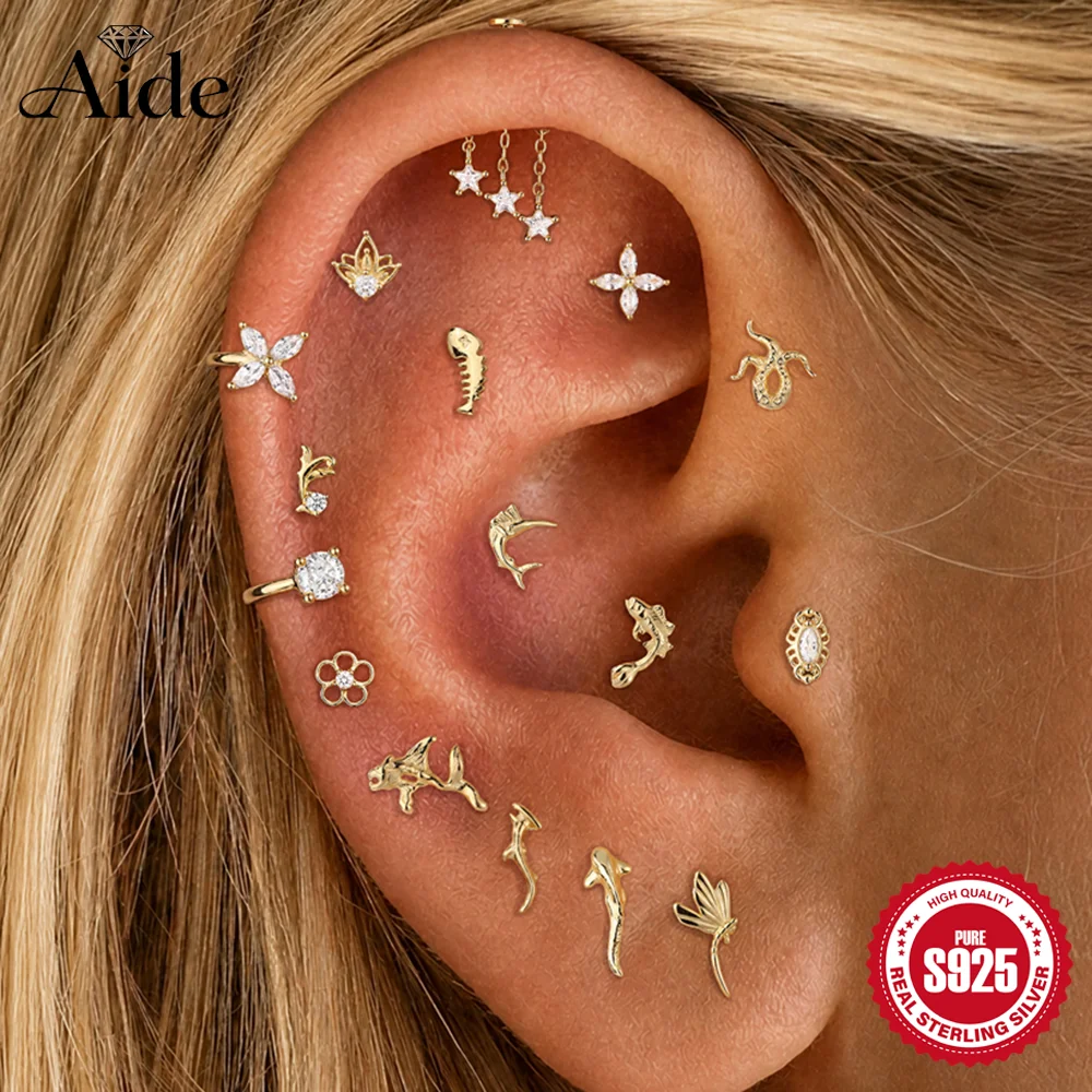 AIDE 925 Sterling Silver Dragonfly/Shark/Octopus Tentacle Sea Animal For Women Cartilage Stud Helix Conch Lobe Flat Back Jewelry
