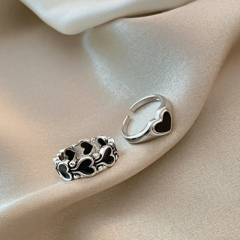 男性と女性のためのヴィンテージブラックエナメル愛ハートリング、調節可能な開口部、ステンレス鋼、ジュエリーアクセサリー、個性