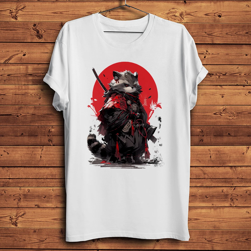 Vintage Samurai Raccoon Swordsman Warrior Funny T Shirt Men Casual Short Sleeve TShirt Unisex Streetwear Tee Breathable Print