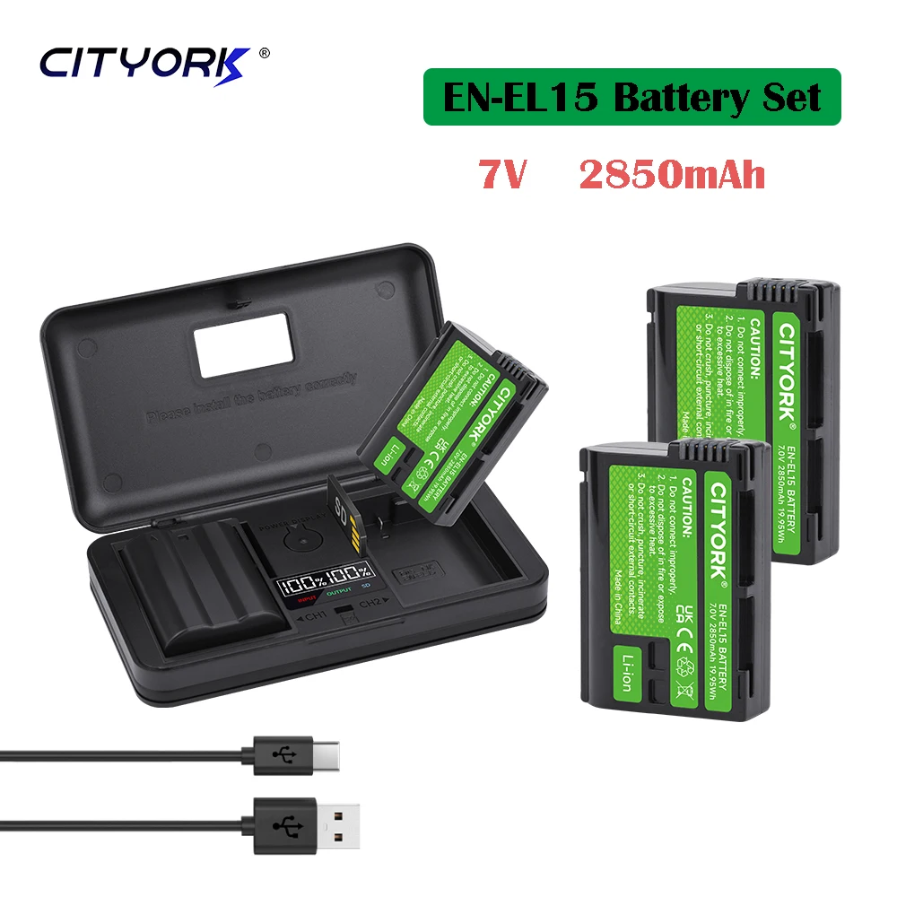 2850mAh EN-EL15C EL15C EN EL15 Battery + LCD Dual Charger for Nikon Z6, Z7,V1 D500, D600, D800, 800E, D850, D750, D7000, 7500