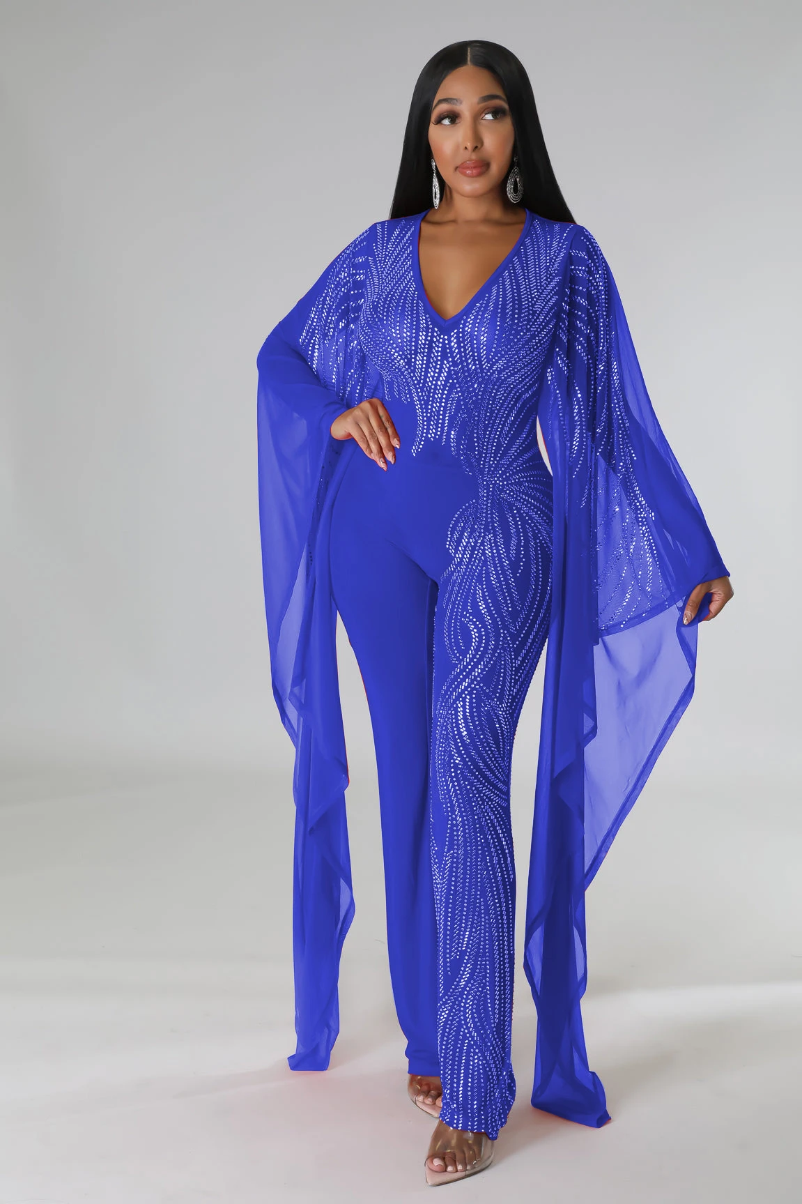 European and American style women's ultra long sleeve mesh jumpsuit with diamond studded translucent sexy women's clothing