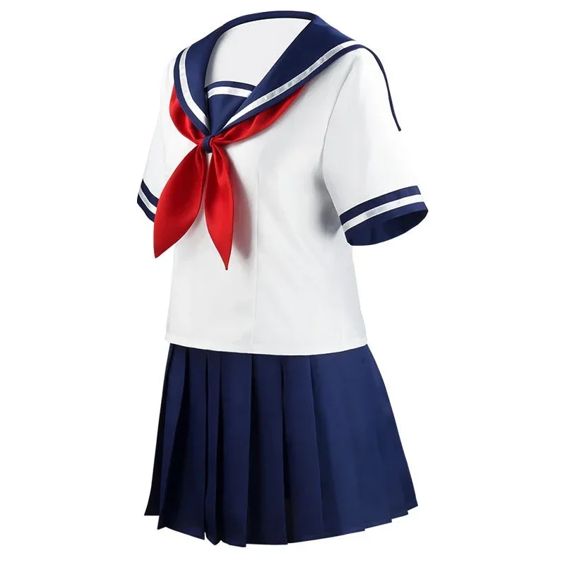 Halloween Party Girl's Navy Blue Sailor Skirt Pantyhose Loli Black Leather Shoes Yandere Simulator Ayano Aishi Cosplay Costume view 5