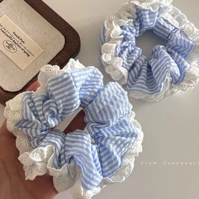 Ballet style lace girl large intestine hair loop hairrope blue stripe tie hair rubber band headband hair accessory female