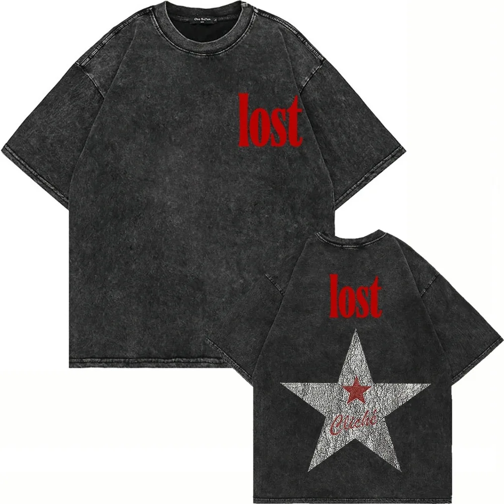 تي شيرت قطني 100% عتيق مغسول Mgk Lost Americana تي شيرت صيفي أنيق للرجال ملابس الشارع الهيب هوب مقاس كبير للجنسين للرجال والنساء #1