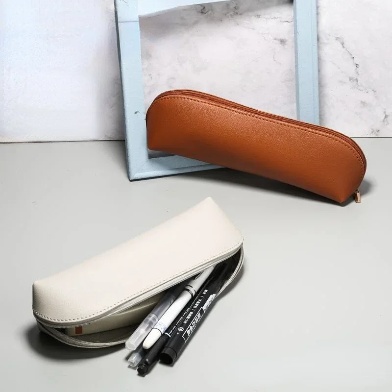 

PU Leather Solid Color Simple Zipper Kawai Pencil Case Mini Pen Bags Student Stationery for School Office Suppliers