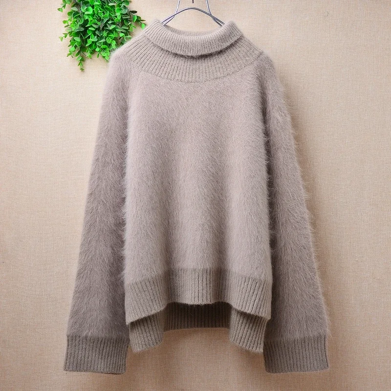 Female Women Fall Winter Thick Warm Hairy Angora Rabbit Hair Knitted Turtleneck Long Sleeves Loose Pullover Sweater Jumper Pull