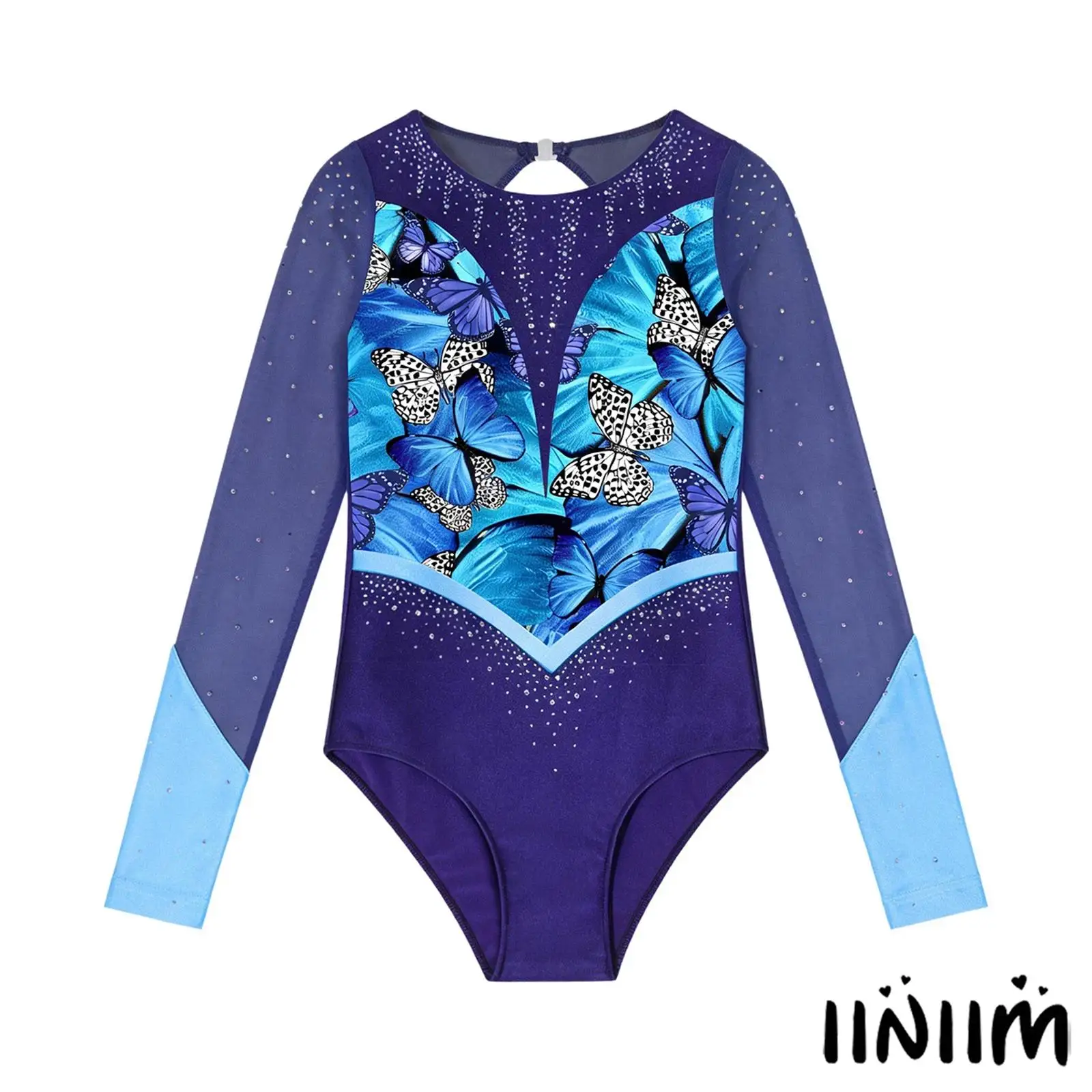 

Kids Girls Gymnastics Dancewear Sparkly Rhinestones Patchwork Long Sleeve Back Cutout Printed Ballet Lyrical Dance Jumpsuit