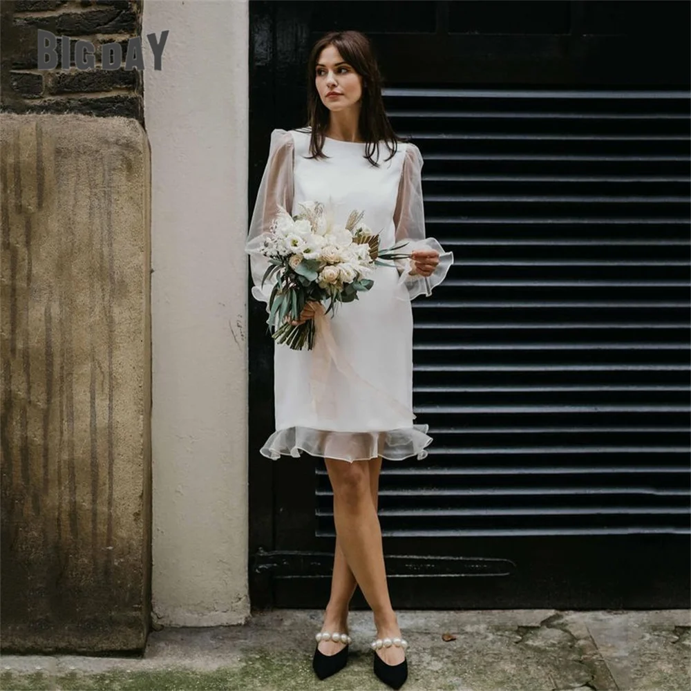 Mangas compridas mini vestidos de casamento o pescoço aberto volta na altura do joelho organza bainha curto vestido de noiva vestidos de noiva personalizado