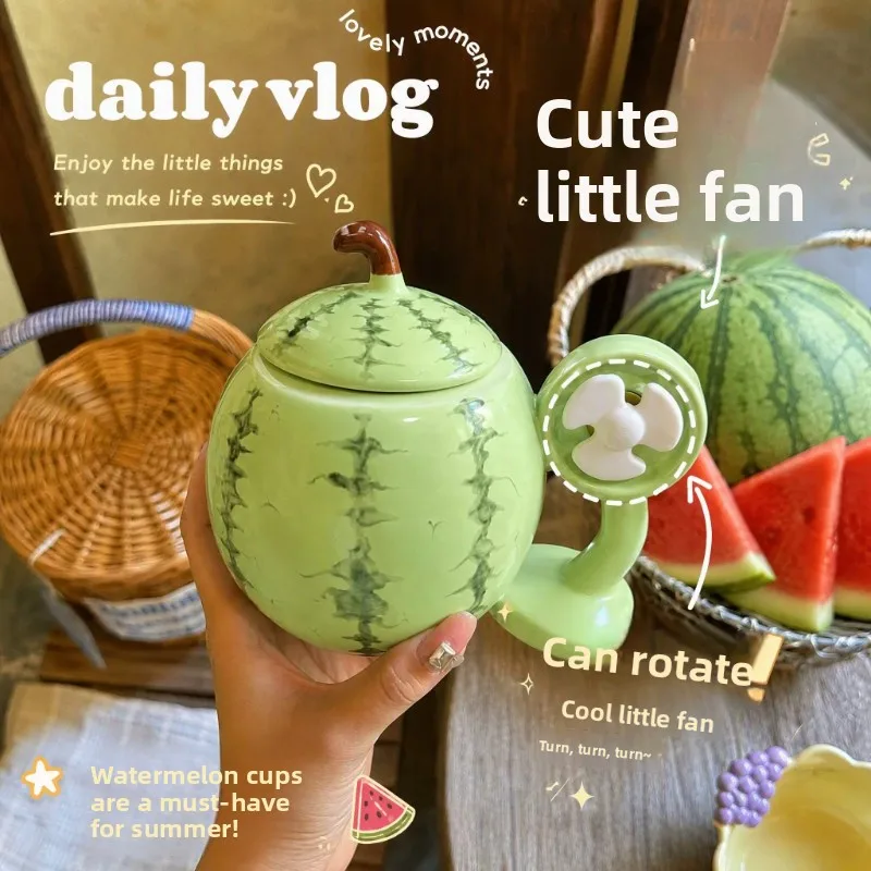 Bizarre Birthday Gifts, Cute Hand-painted Watermelon Fan Cup, Couple Ceramic Water Cup, Dining Table Decoration